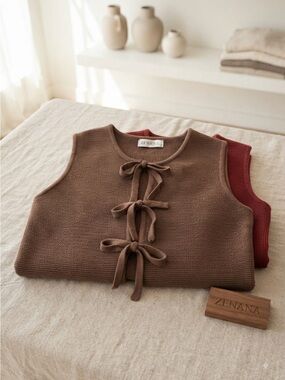 Brown Tie-Front Knit Vest Sweater - Women